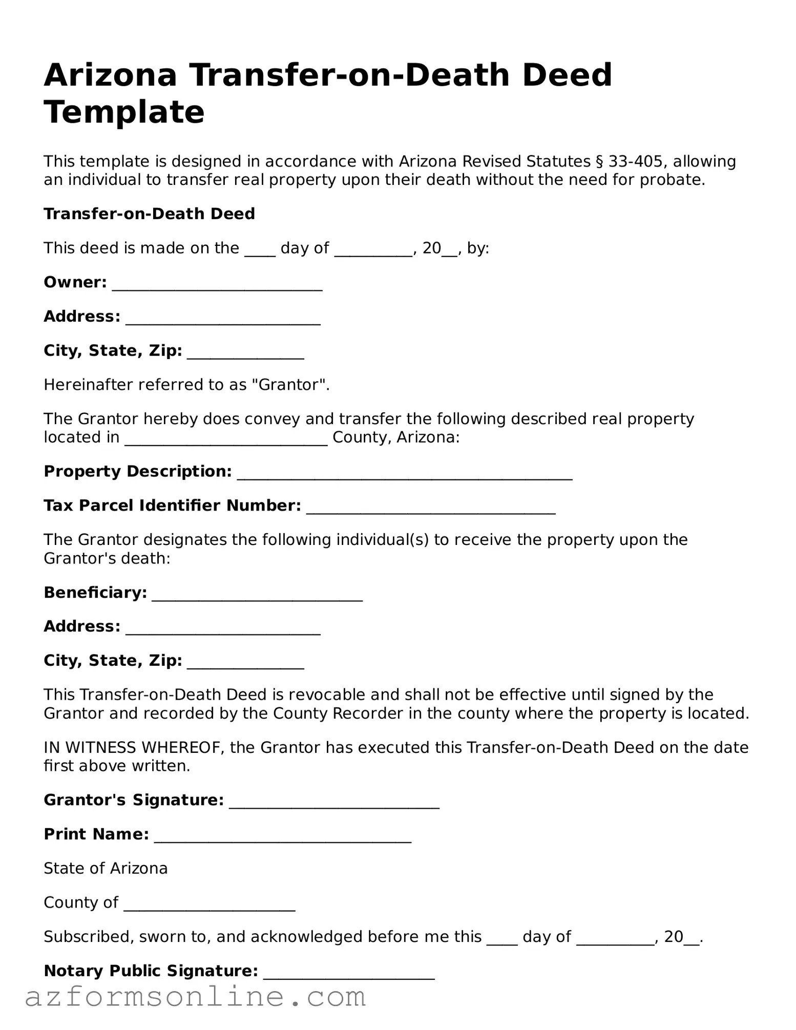 Fillable Transfer-on-Death Deed Form for the State of Arizona