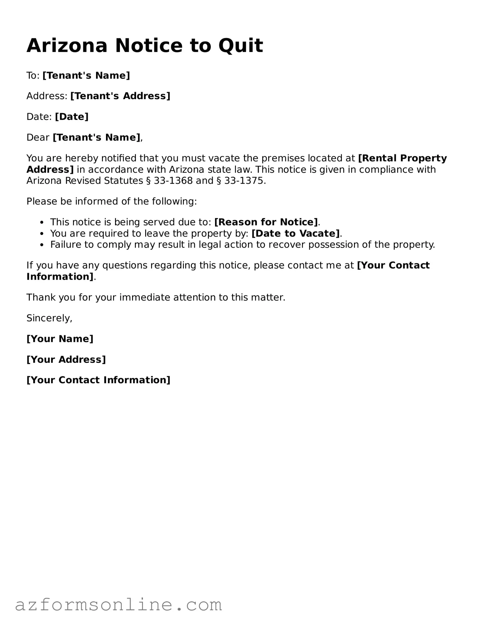 Fillable Notice to Quit Form for the State of Arizona