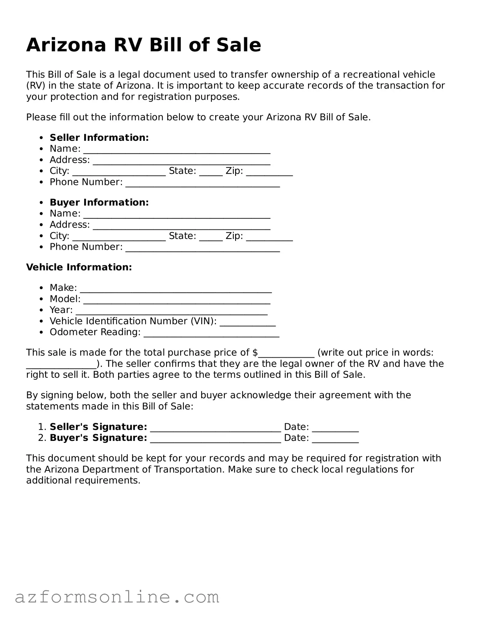 Fillable RV Bill of Sale Form for the State of Arizona