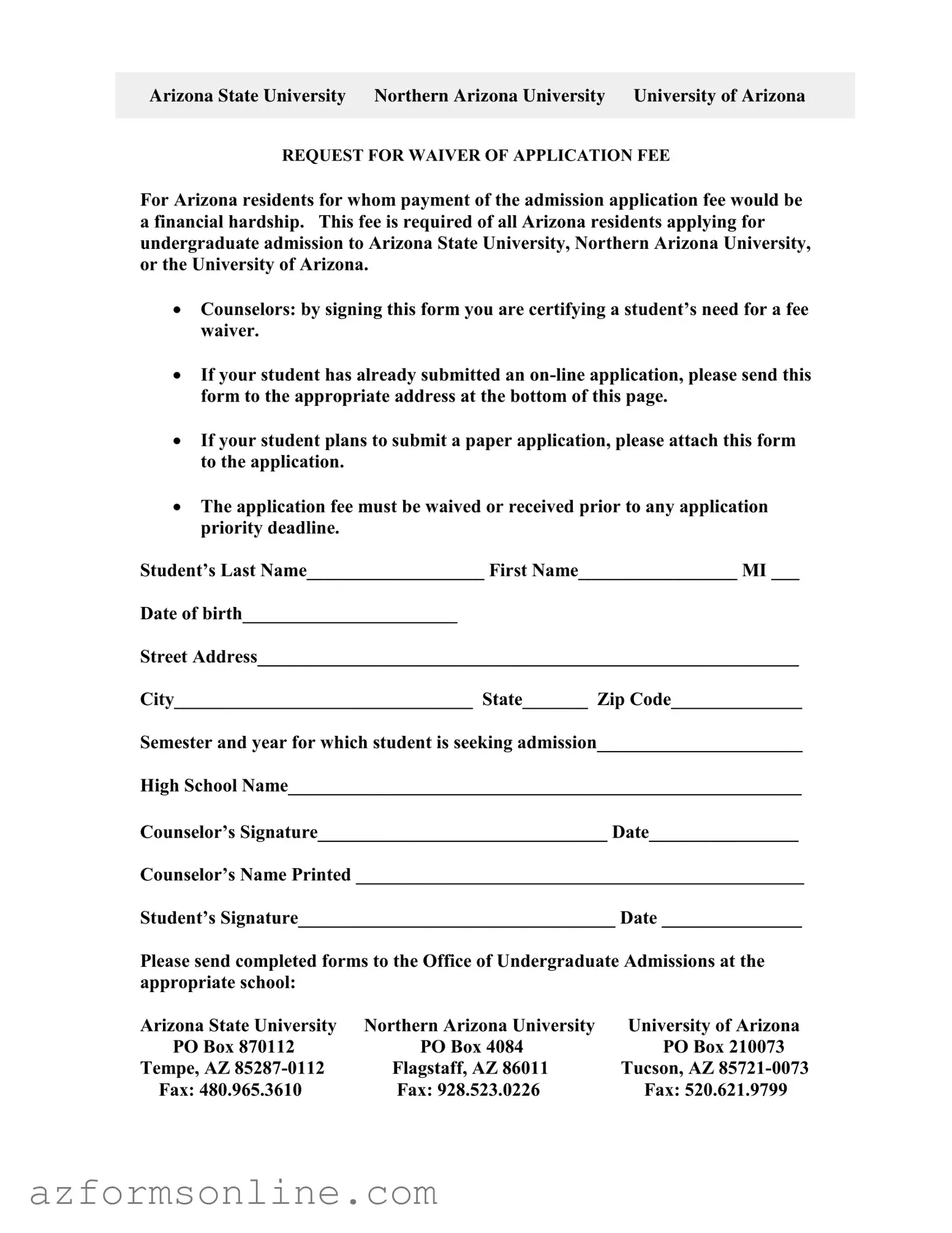 Free Arizona University Application Form