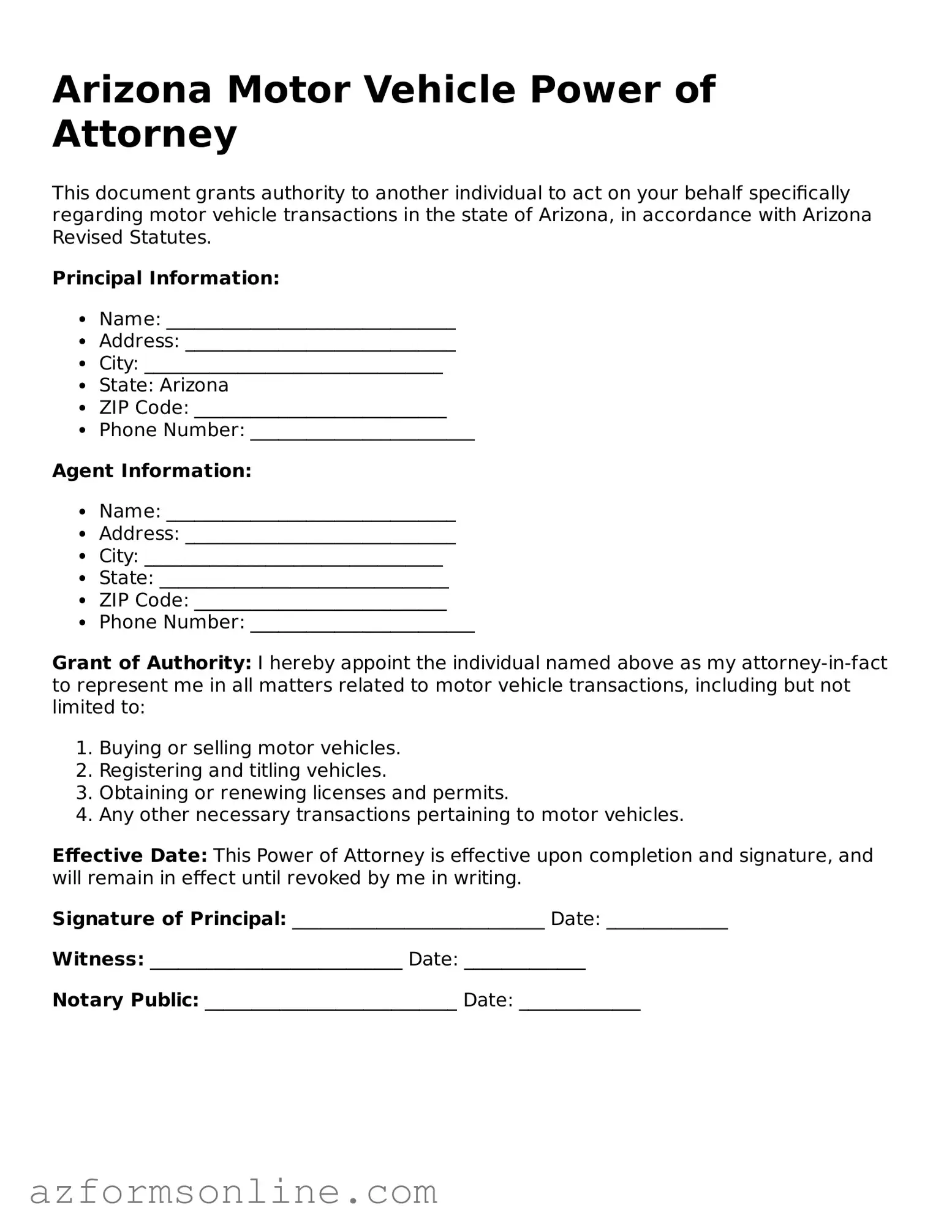 Fillable Motor Vehicle Power of Attorney Form for the State of Arizona