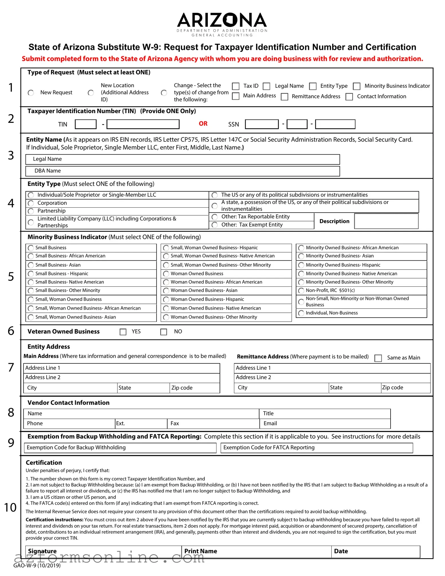 Free Gao W 9 Arizona Form