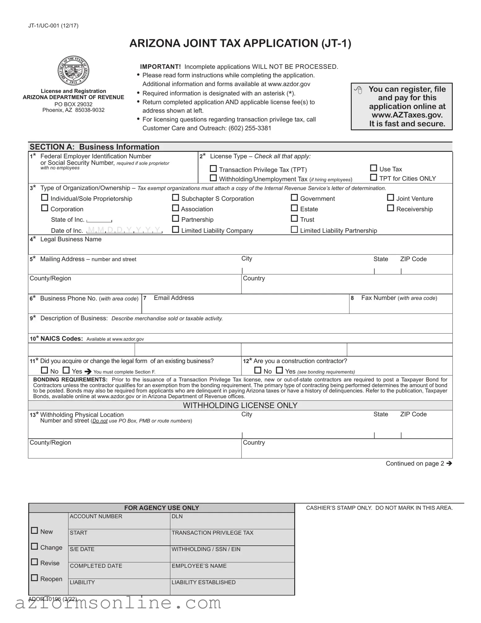 Free Jt 1 Arizona Tax Form
