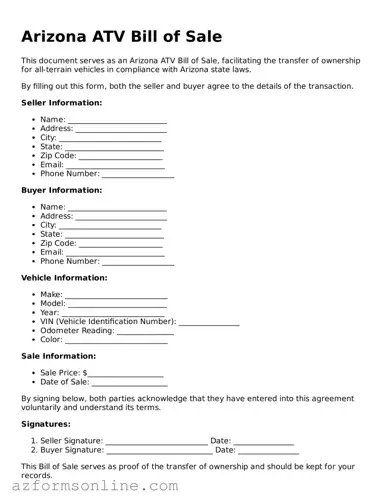 Fillable ATV Bill of Sale Form for the State of Arizona