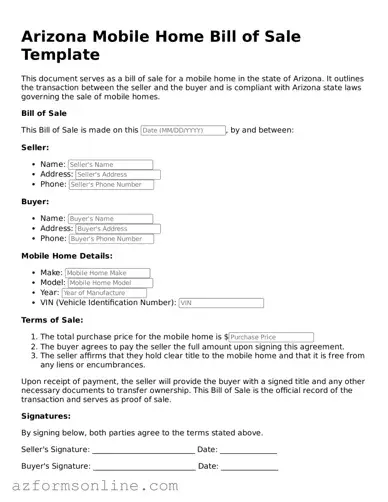 Fillable Mobile Home Bill of Sale Form for the State of Arizona