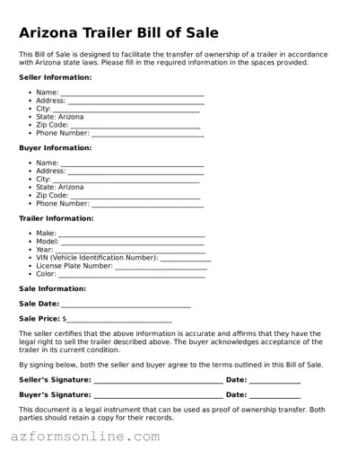 Fillable Trailer Bill of Sale Form for the State of Arizona