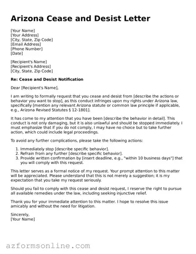 Fillable Cease and Desist Letter Form for the State of Arizona