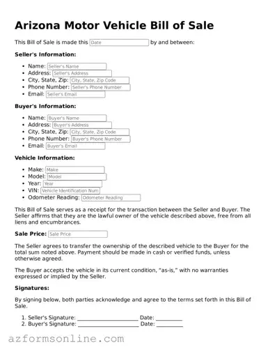 Fillable Motor Vehicle Bill of Sale Form for the State of Arizona