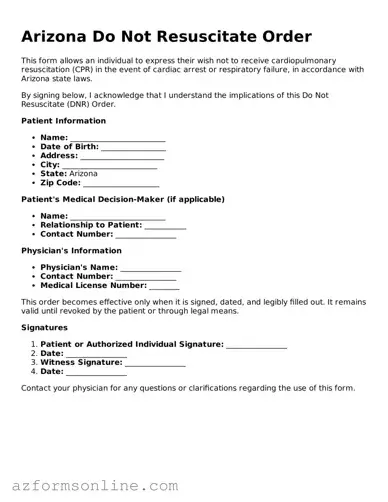 Fillable Do Not Resuscitate Order Form for the State of Arizona