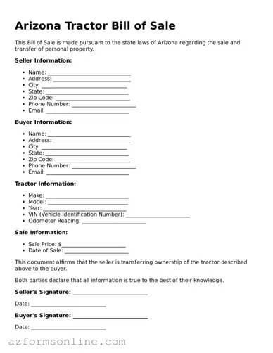Fillable Tractor Bill of Sale Form for the State of Arizona