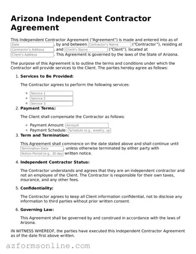 Fillable Independent Contractor Agreement Form for the State of Arizona