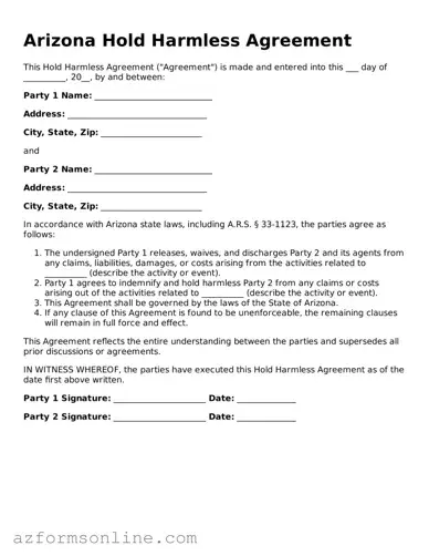 Fillable Hold Harmless Agreement Form for the State of Arizona