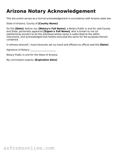 Fillable Notary Acknowledgement Form for the State of Arizona