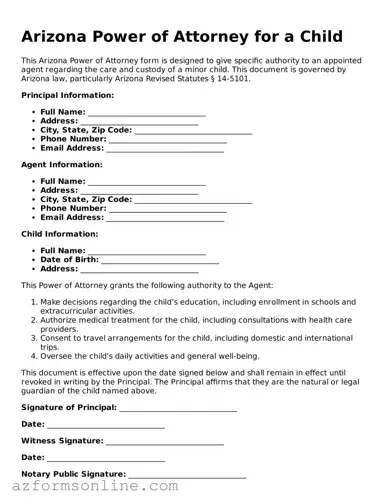 Fillable Power of Attorney for a Child Form for the State of Arizona