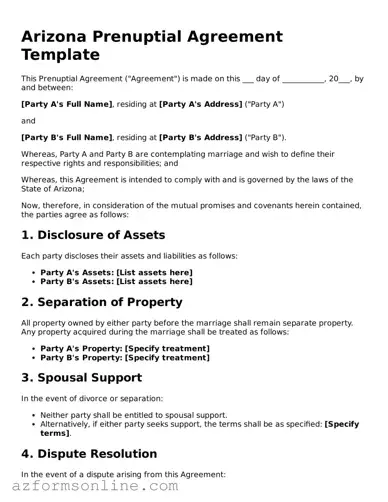 Fillable Prenuptial Agreement Form for the State of Arizona