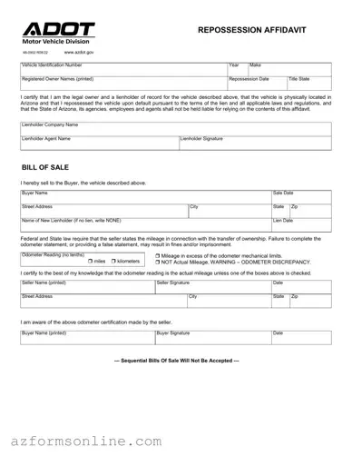 Free Arizona Repossession Affidavit Form