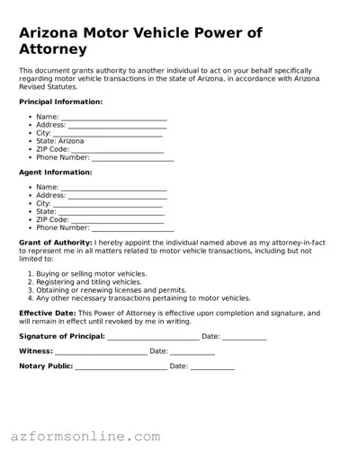 Fillable Motor Vehicle Power of Attorney Form for the State of Arizona